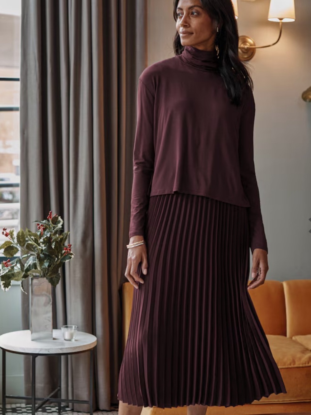 Wearever Dark Fig Purple 2 in 1 Pleated Dress Turtleneck Set Size XS Petite